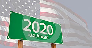 4k 2020 Green Road Sign Over Ghosted American Flag