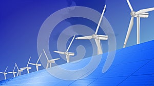 4K 3D Animation with solar panel cells and spinning wind turbines on the eco energy.