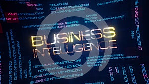 4K 3D render Business Intelligence word cloud. BI Business Intelligence word tag text animation on modern futuristic digital.