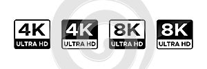 4K 8K Ultra HD video format vector icon set. High resolution web tv screen symbol