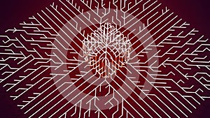 4k abstract white wireframe on dark red bg. Ai growing geometric pattern of lines form cube, branches of calculations