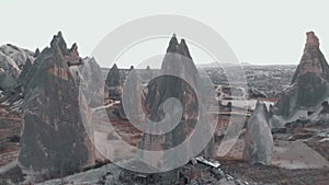 4k aerial drone footage of Cappadocia, Turkey and flying towards the distinctive â€œfairy chimneys â€