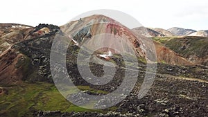 4K Aerial drone footage of Landmannalaugar. Rainbow mountains in Iceland.