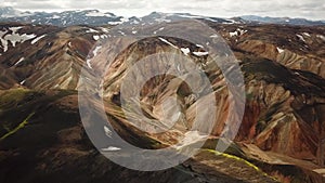 4K Aerial drone footage of Landmannalaugar. Rainbow mountains in Iceland.