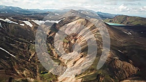 4K Aerial drone footage of Landmannalaugar. Rainbow mountains in Iceland.