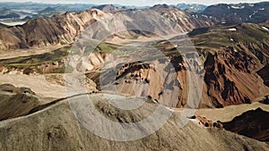 4K Aerial drone footage of Landmannalaugar. Rainbow mountains in Iceland.