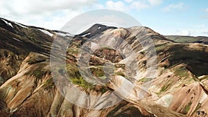 4K Aerial drone footage of Landmannalaugar. Rainbow mountains in Iceland.