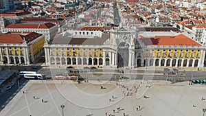 4k aerial drone view of Augusta Gate and Commerce Square in Lisbon Portugal