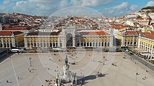 4k aerial drone view of Augusta Gate and Commerce Square in Lisbon Portugal