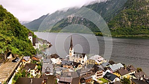 4K aerial drone view of austrian mountain village Hallstatt