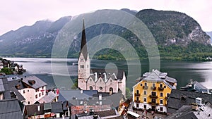 4K aerial drone view of austrian mountain village Hallstatt