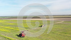 4K Aerial Elevated View Of Combine Harvester And Tractor Working Together In Field. Harvesting Of Oilseed In Spring