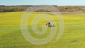 4K Aerial Elevated View Of Combine Harvester And Tractor Working Together In Field. Harvesting Of Oilseed In Spring