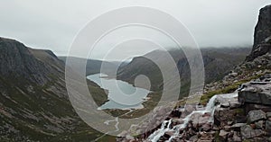 4k aerial footage of Loch Avon in Cairngorm mountains