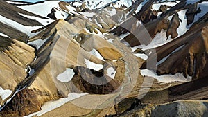 4k aerial footage of some sensational clay hills next to the Landmannalaugar geothermal springs, at the very start of the Laugaveg