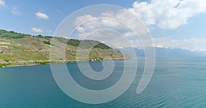 4K Aerial footage of Vineyard fields in Terrasses de Lavaux near Lausanne in Switzerland