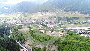 4k aerial shot of Mestia and mountains