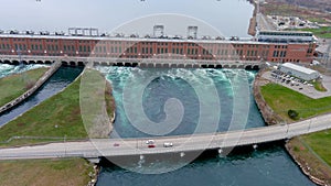 4K aerial view of the Beauharnois Hydroelectric Generating Station along the Saint Lawrence Seaway on the Saint Lawrence River, in