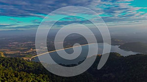 4k Aerial view of Bukit Mertajam Hills and Mengkuang Dam, during sunrise.