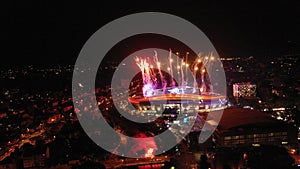 4k Aerial view of fireworks and night cityscape. New Years Eve, 4th of July, festival concept