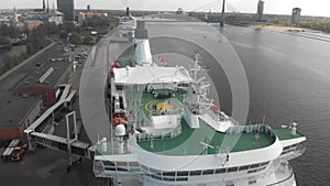 4k aerial view the front of the cruise ship, open deck