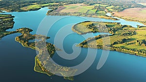 4K Aerial View Of Lakes Rivers Island And Green Countryside Landscape. Lepel Lake. Lyepyel District, Vitebsk Region