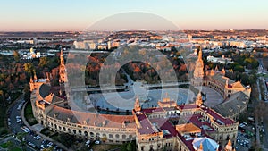 4k Aerial view of Plaza de Espana at sunrise in Seville, Spain.