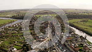 4K aerial of Warkworth village and castle in Northumberland