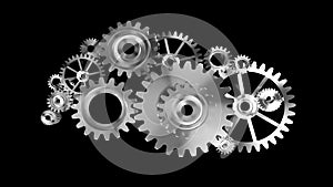 4K Animation 3D silver metal rotation mechanic wheel gear on circuit futuristic binary digi drop wall dark background