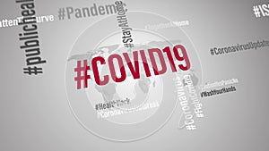 4K animation COVID19 world hashtag 3D illustration word cloud background concept. COVID 19 and Coronavirus tag cloud on world map