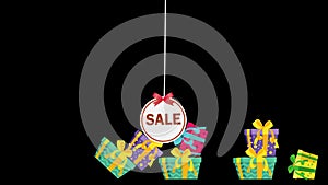 4k Animation of Sale tag on a rope is breaking pyramid of gift boxes and hanging in the air.