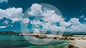 4k Beautiful cloudscape over Lighthouse of St. Theodore at Argostoli. Time lapse. Kefalonia island. Greece