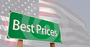 4k best prices green road sign over ghosted American flag