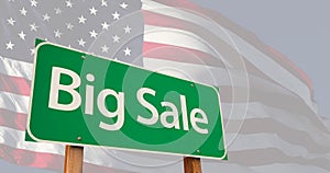 4k Big Sale Green Road Sign Over Ghosted American Flag