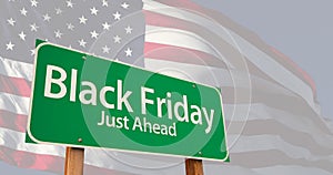 4k Black Friday Green Road Sign Over Ghosted American Flag