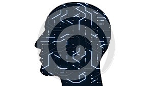 4k Brain head chip circuit digital line,people think AI artificial intelligence.