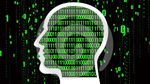 4k Brain head matrix style binary code,man thinking AI artificial intelligence.