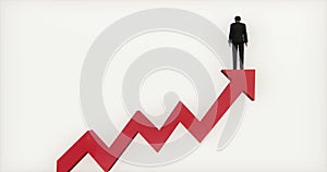 4k businessman standing on the top of 3d red positive trend arrow.