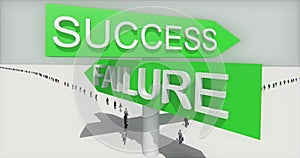 4k businessman walking under success & failure road sign.