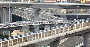 4k busy urban traffic on overpass,urban morden building,QingDao china.