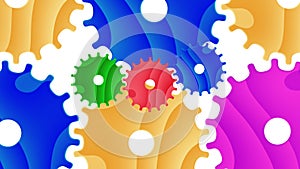 4k cartoon animation of modern moving gears icons forming colorful pattern over white background.