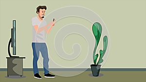 4k cartoon where man wearing jeans using his phone.