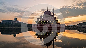 4K Cinematic Sunrise Time Lapse Footage of Putra Mosque at Sunrise.