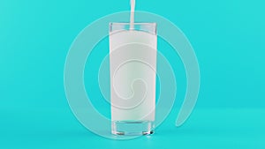 4K close-up shot of milk cold beverage drink pooring into low glass blue background in studio