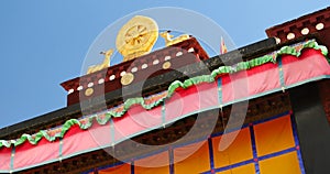 4k closeup of The Jokhang Temple In Lhasa,Tibet,white clouds in blue sky.