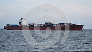 4K. container cargo ship departure from shipping port for import and export business logistic and transportation of international
