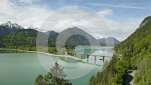 4K Drone Amazing bridge over accumulation lake Sylvenstein, upper Bavaria. Aerial view. May, Germany