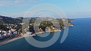 4K Drone Footage. Lloret De Mar. Aerial View Of Buildings City, Beach. Costa Brava. Spain
