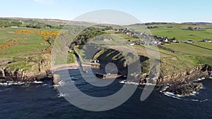 4k drone footage of the small harbour at Latheronwheel on the coast of Caithness, Scottish Highlands