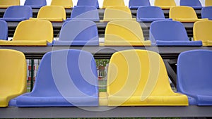 4k, Empty Plastic Seats at Stadium. Rows Seats at Stadium Without Spectators